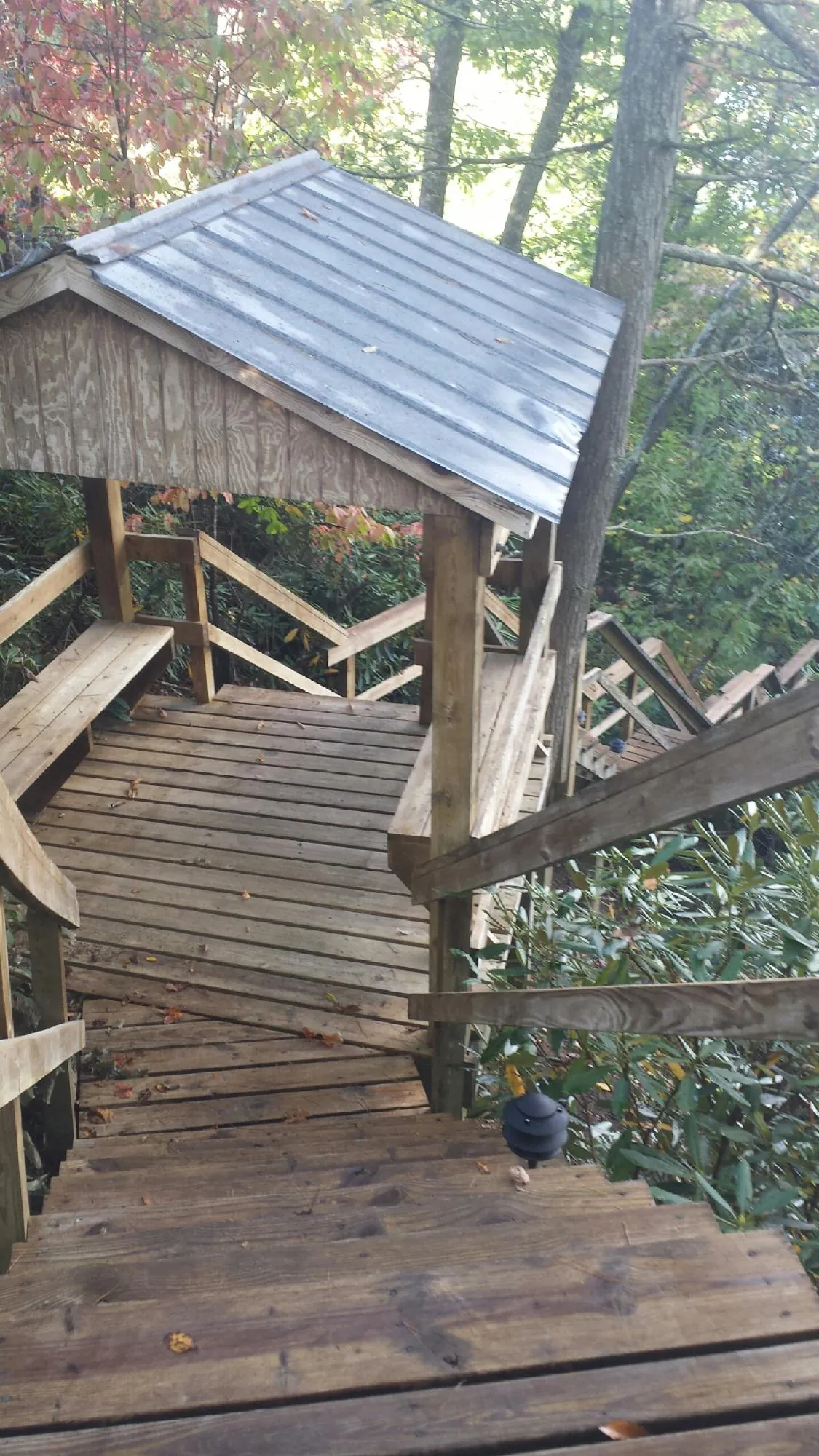 Metal roofed shelter over wooden steps on a wooded walkway — Skylight Repair & Installation work by our crew in Sunset Beach